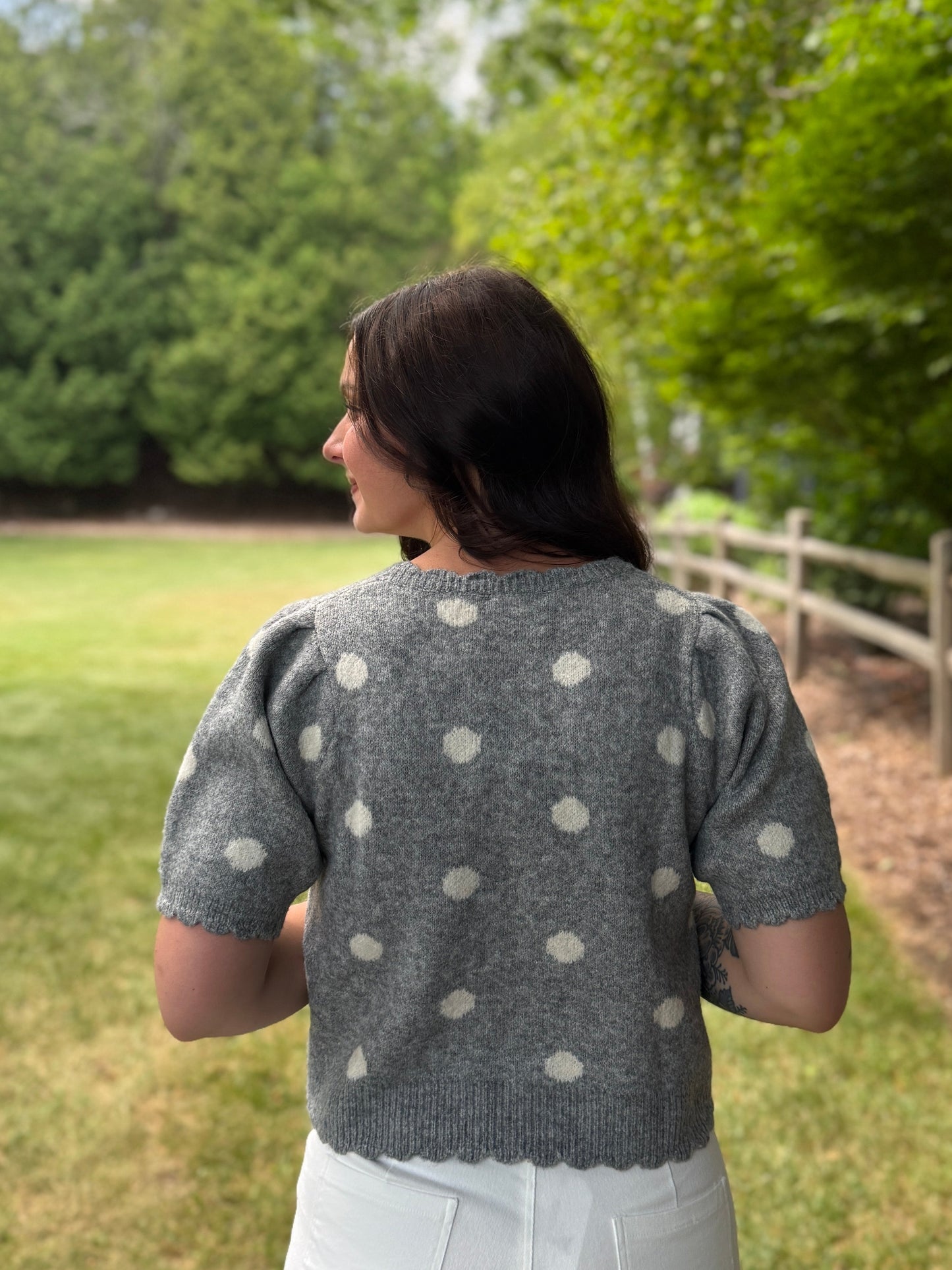 Polka Dot Short Sleeve Sweater Top Grey