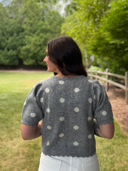 Polka Dot Short Sleeve Sweater Top Grey