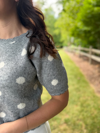 Polka Dot Short Sleeve Sweater Top Grey