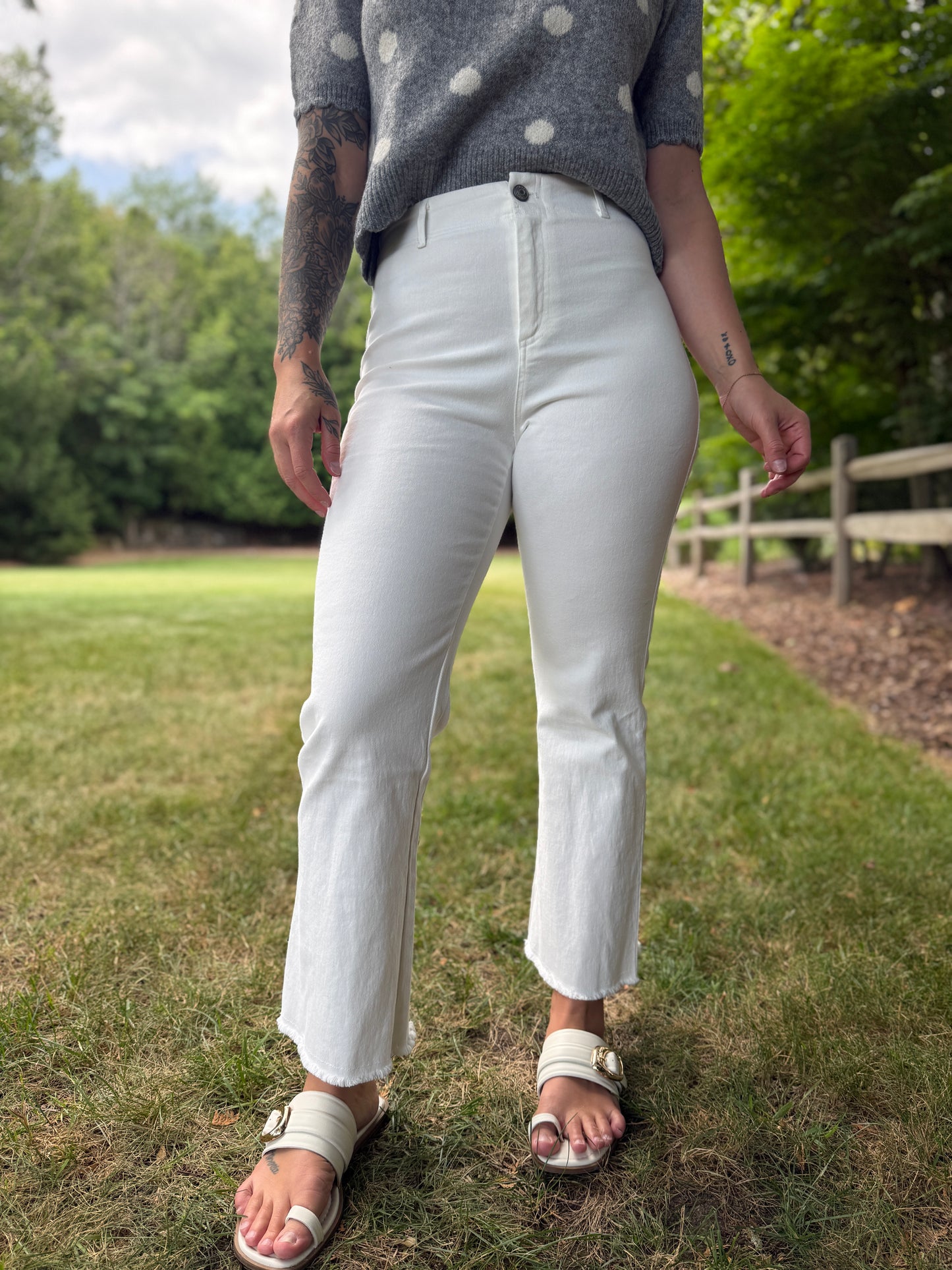 Stretchy High Waist Flare White Denim
