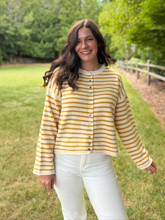Striped Button Up Long Sleeve Sweater Ecru