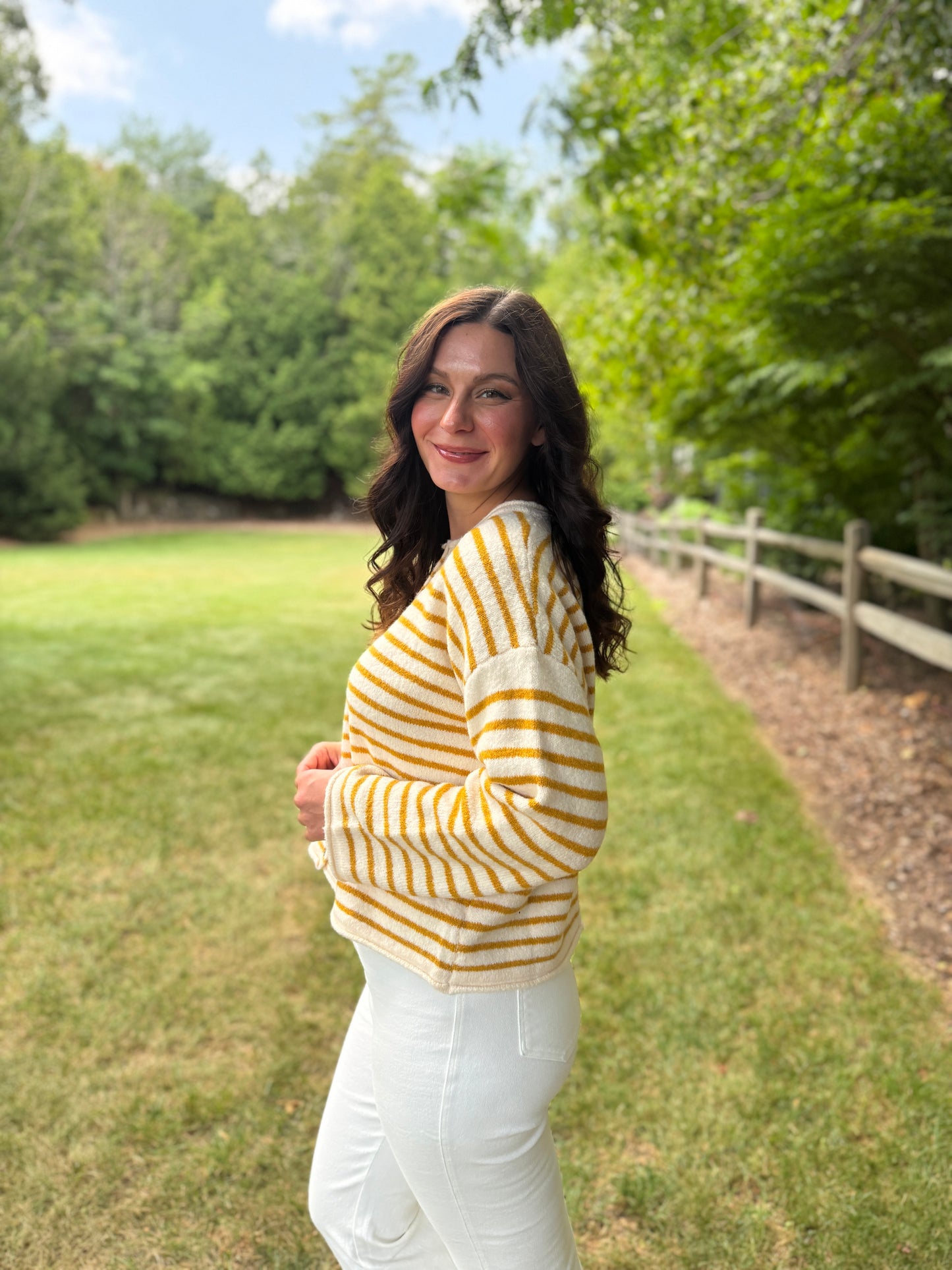 Striped Button Up Long Sleeve Sweater Ecru