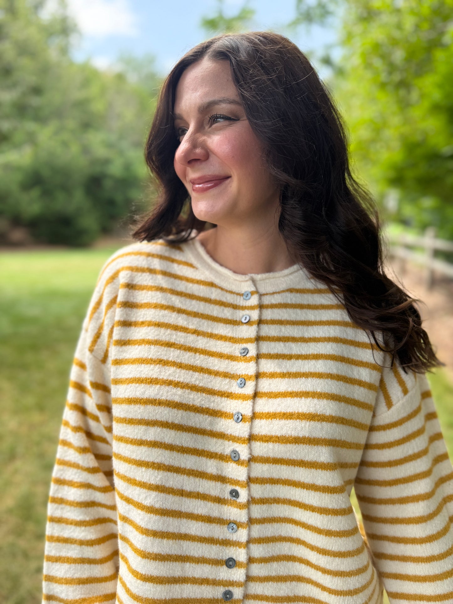 Striped Button Up Long Sleeve Sweater Ecru