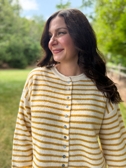Striped Button Up Long Sleeve Sweater Ecru