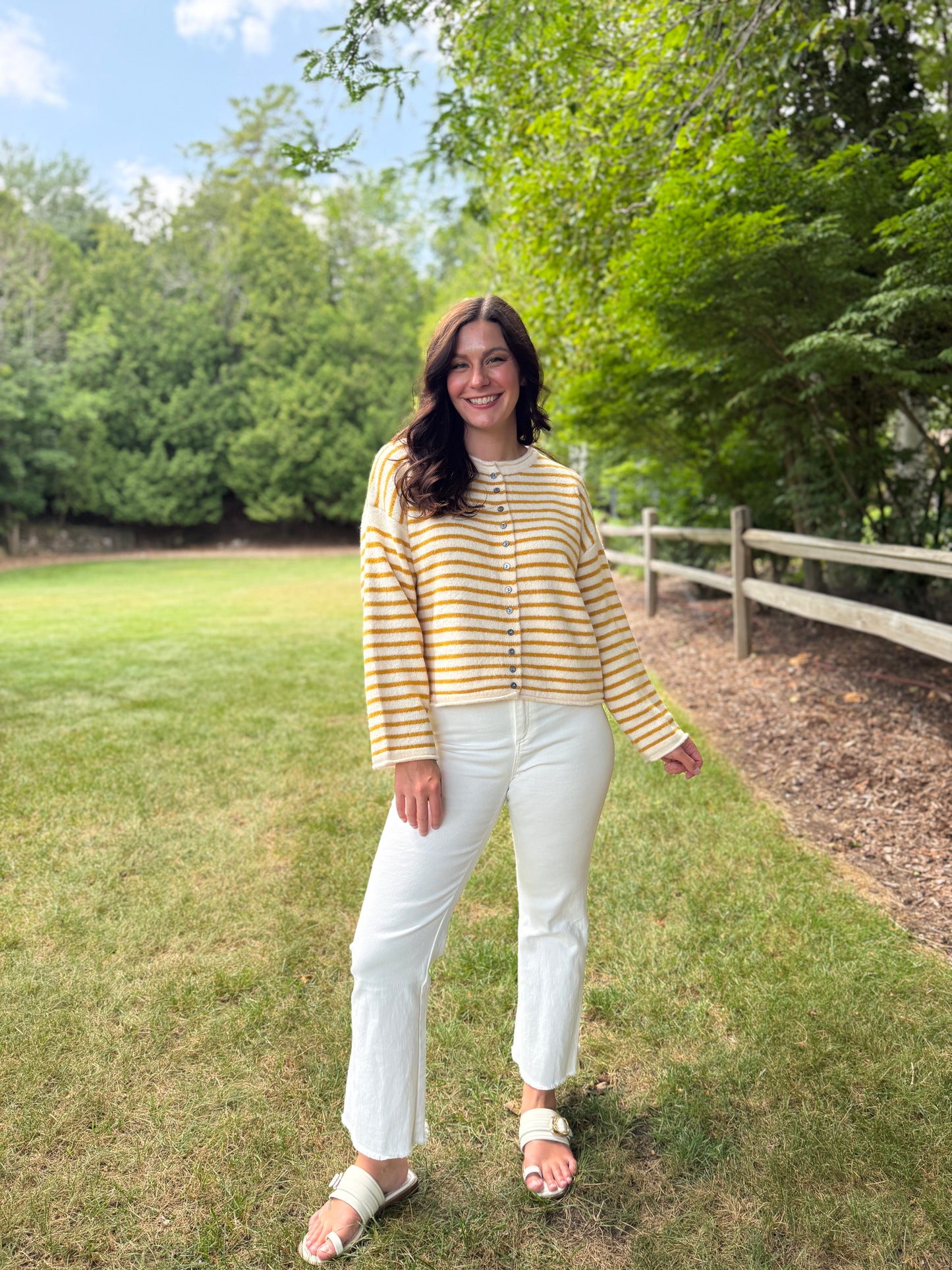 Striped Button Up Long Sleeve Sweater Ecru