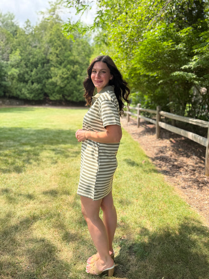Stripe Polo Knit Mini Dress Olive