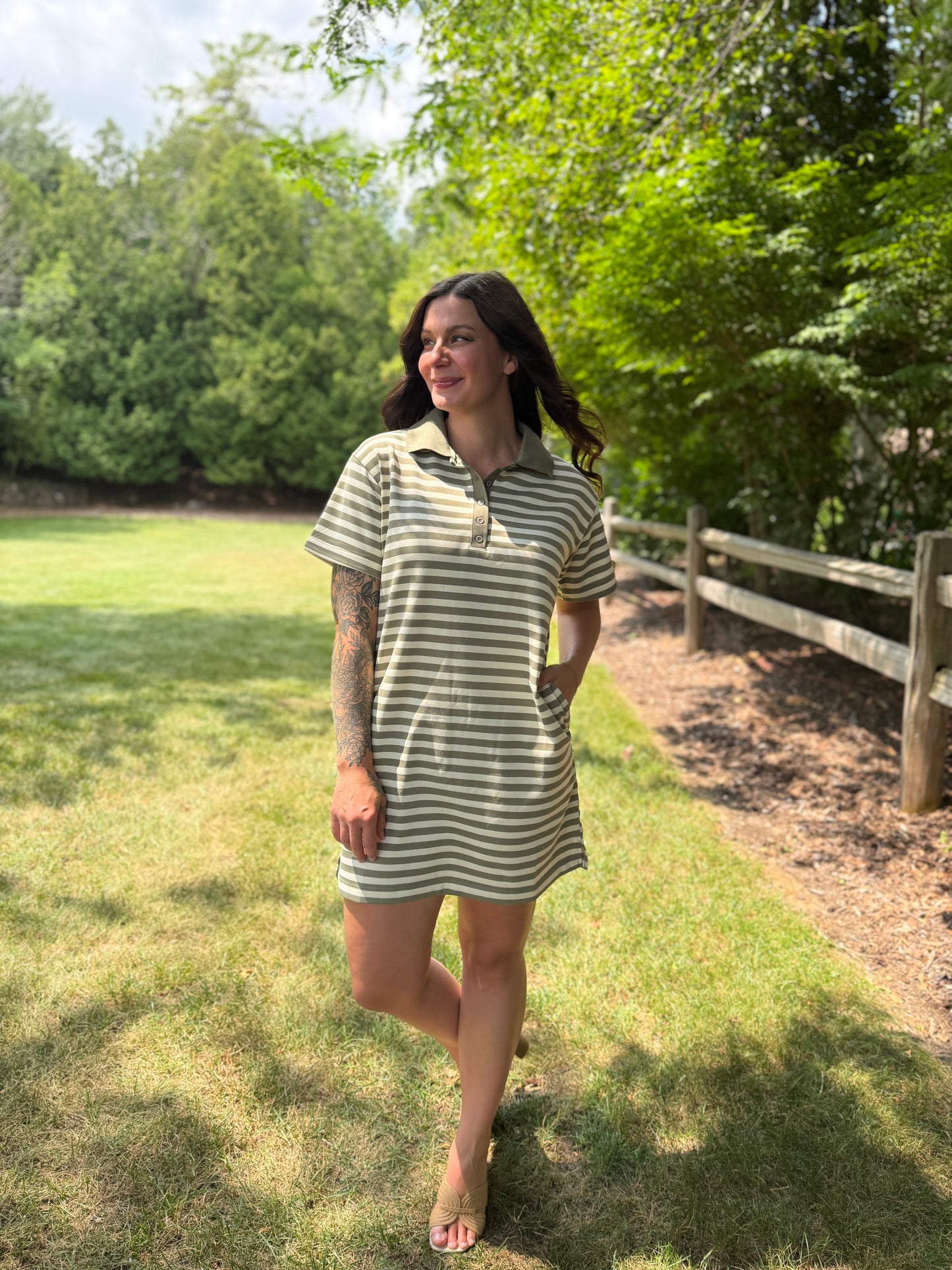 Stripe Polo Knit Mini Dress Olive