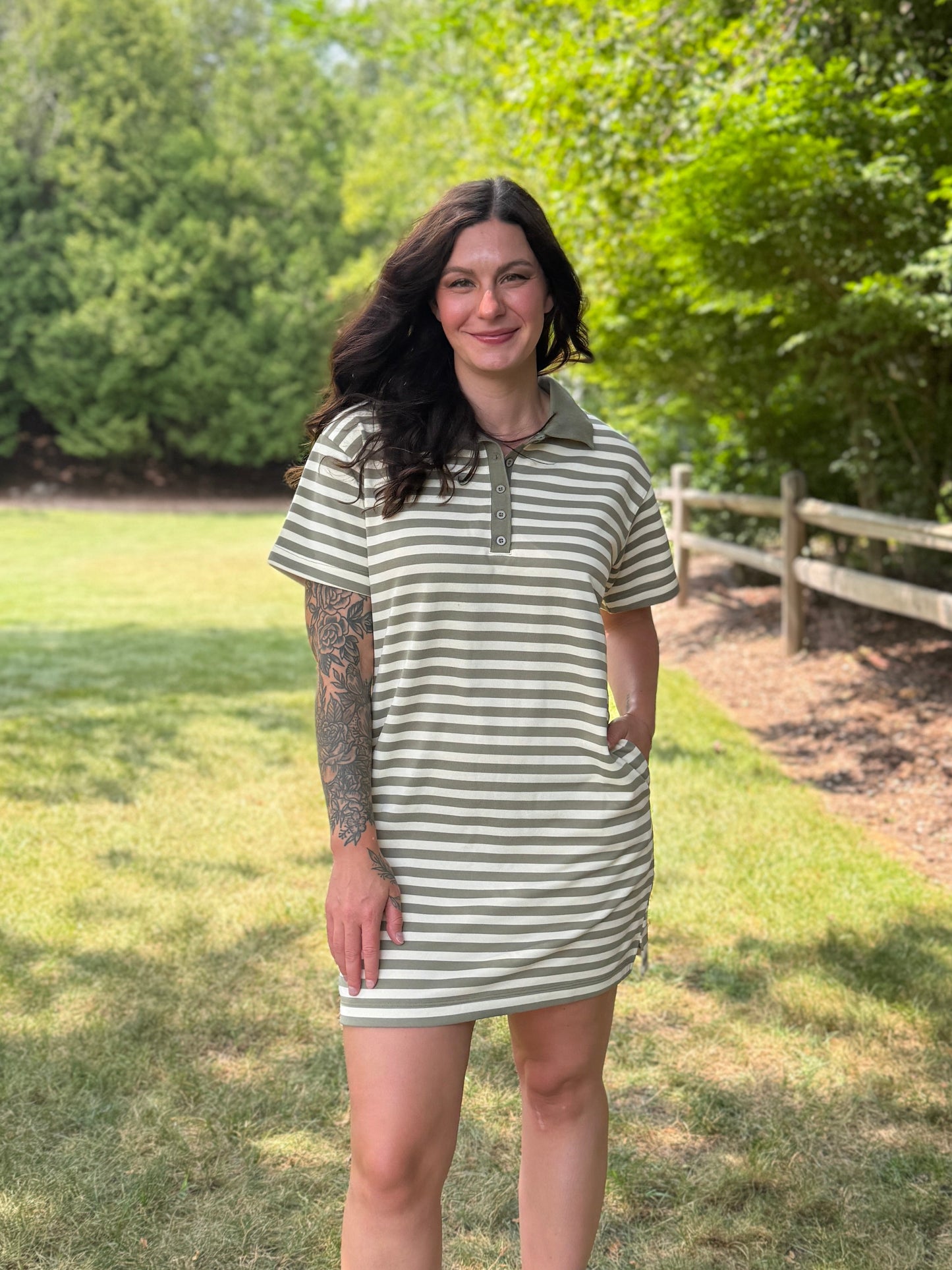 Stripe Polo Knit Mini Dress Olive