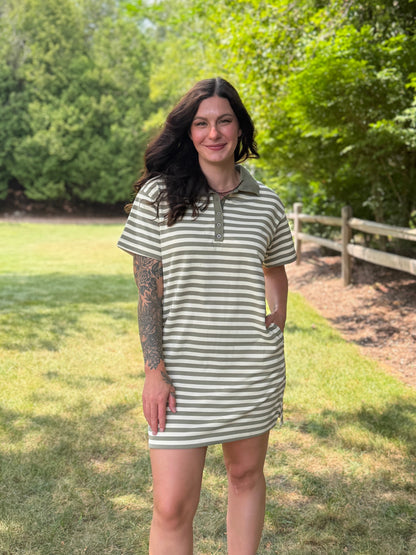 Stripe Polo Knit Mini Dress Olive