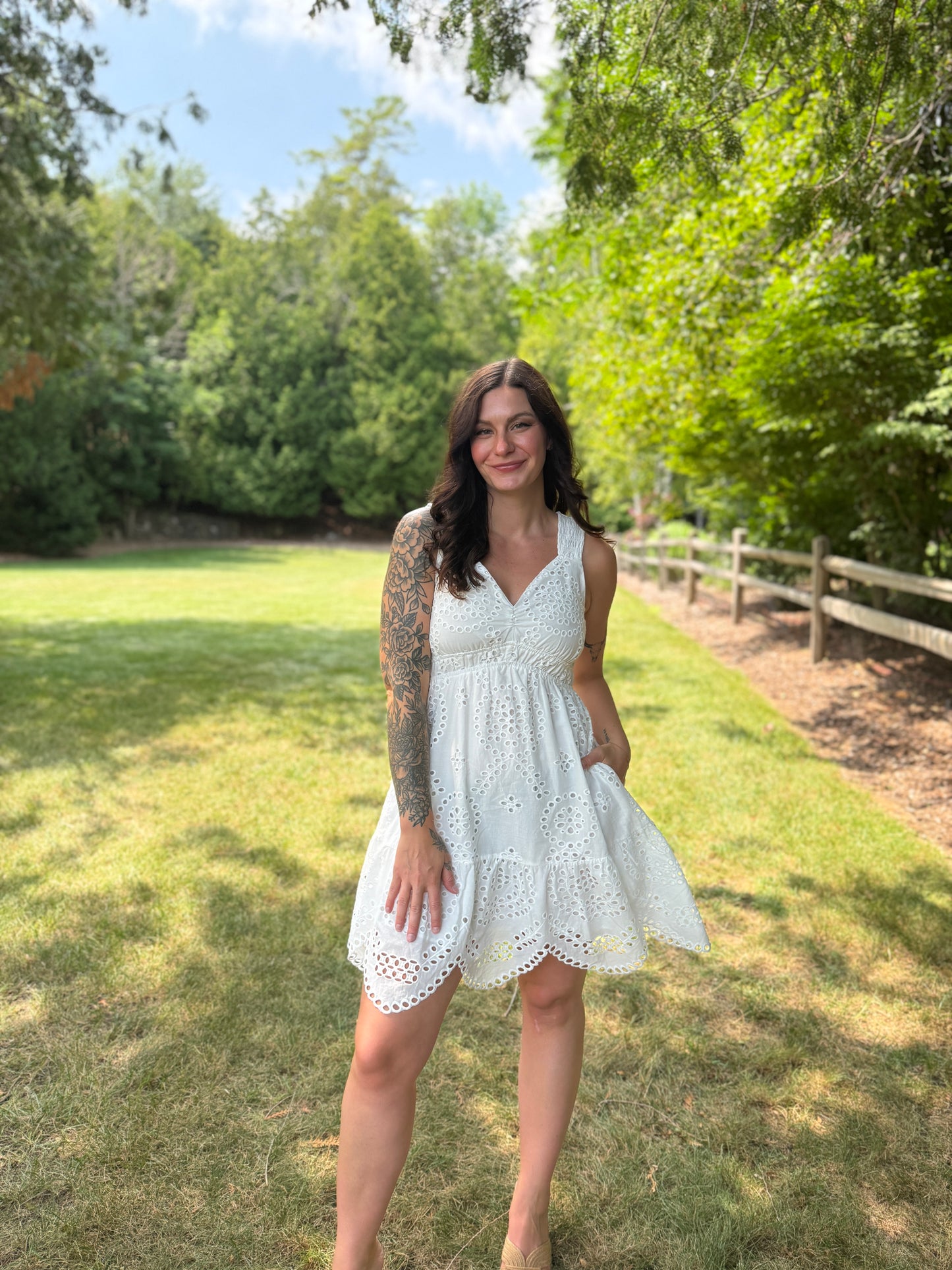 Scalloped Hem Eyelet Dress White