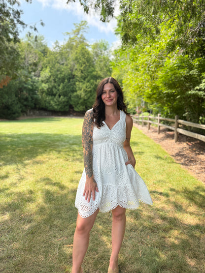Scalloped Hem Eyelet Dress White