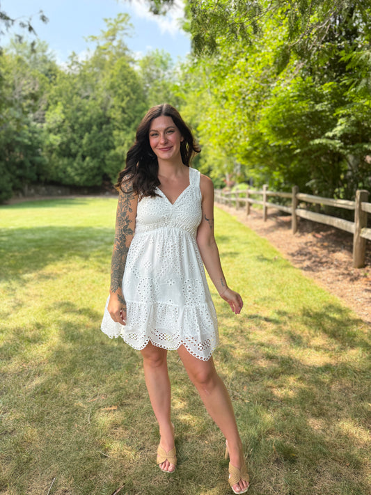 Scalloped Hem Eyelet Dress White