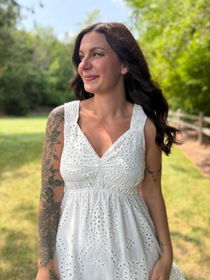 Scalloped Hem Eyelet Dress White