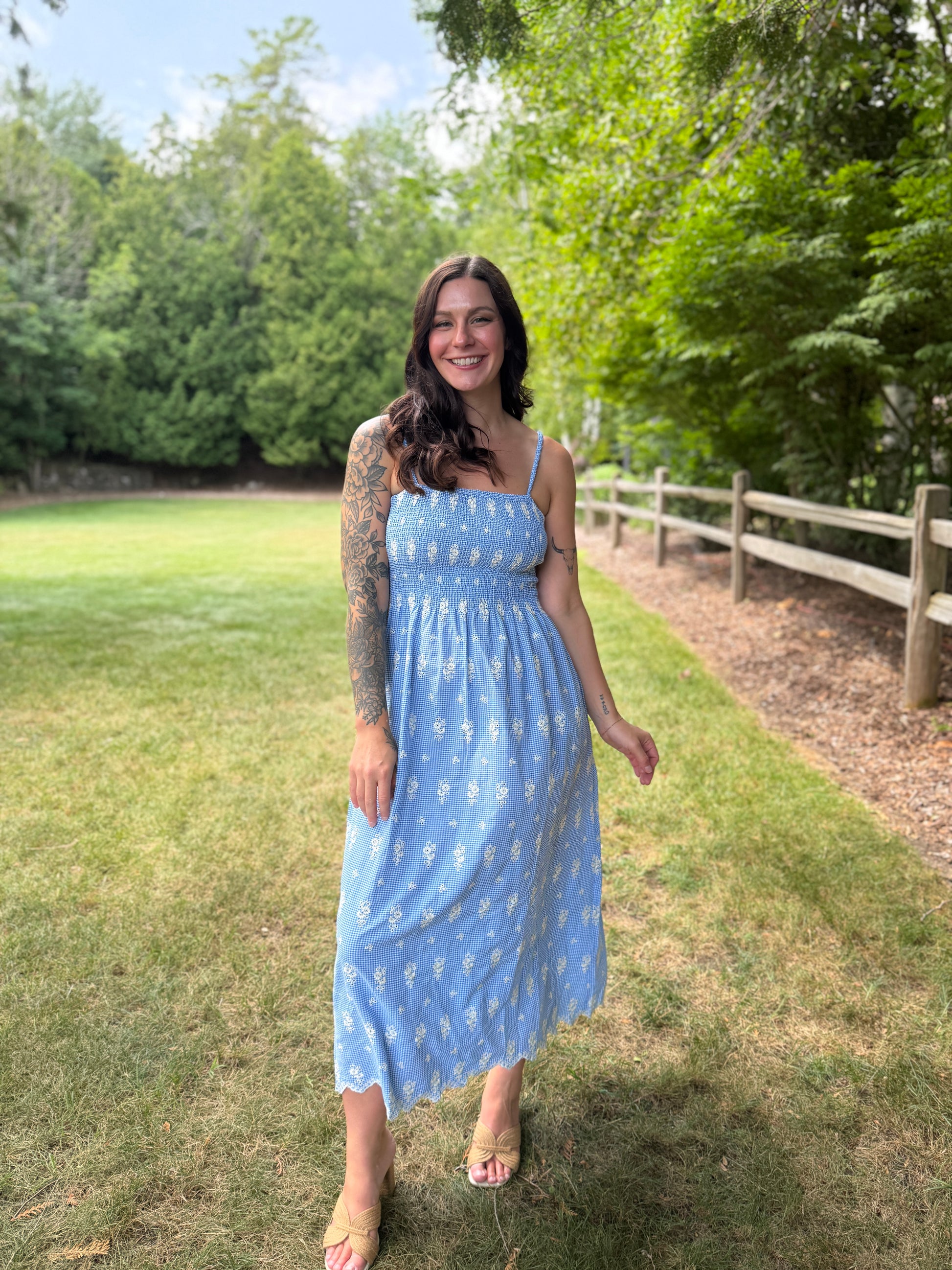 Floral Embroidered Gingham Maxi Dress Blue