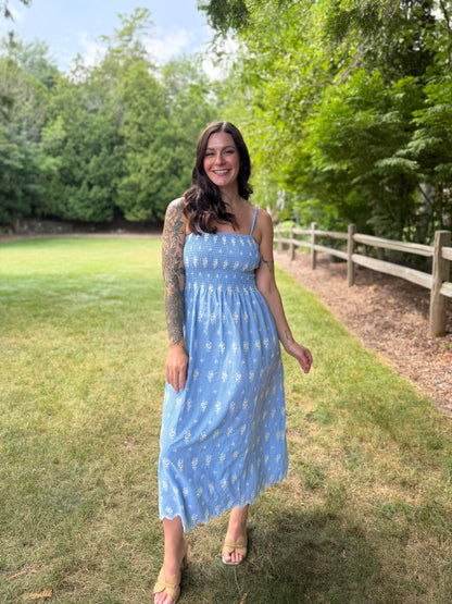 Floral Embroidered Gingham Maxi Dress Blue