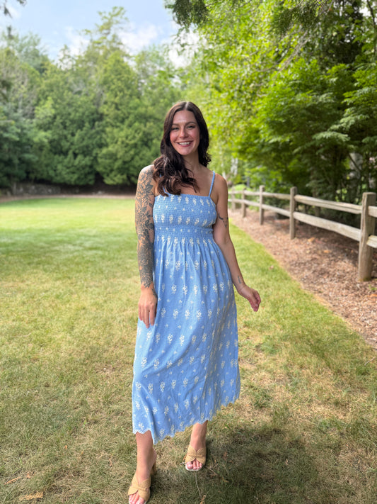 Floral Embroidered Gingham Maxi Dress Blue