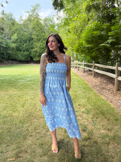 Floral Embroidered Gingham Maxi Dress Blue