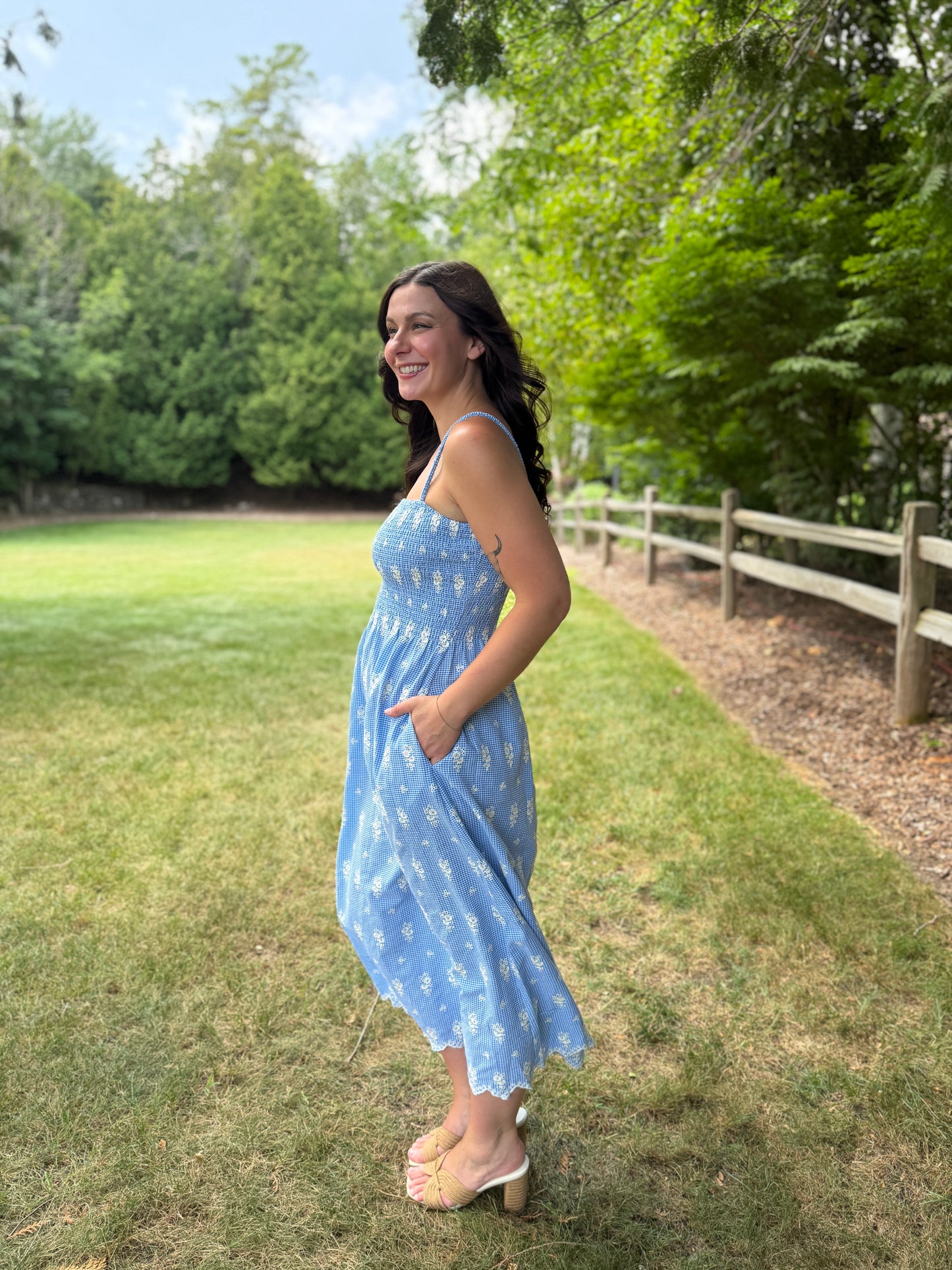 Floral Embroidered Gingham Maxi Dress Blue