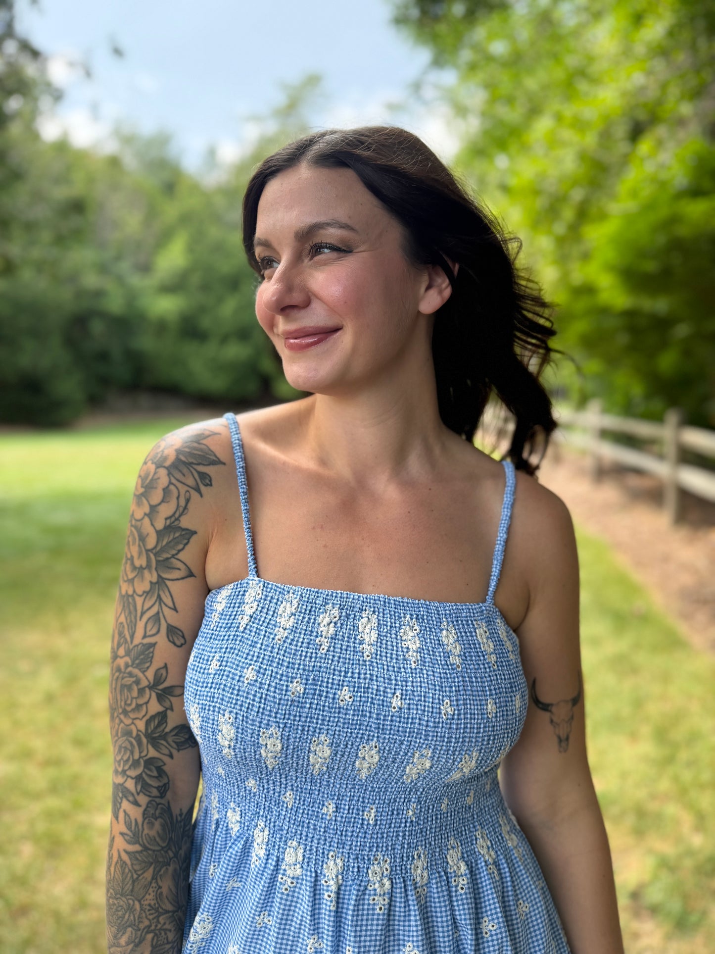 Floral Embroidered Gingham Maxi Dress Blue