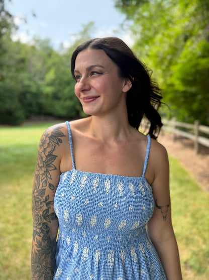 Floral Embroidered Gingham Maxi Dress Blue