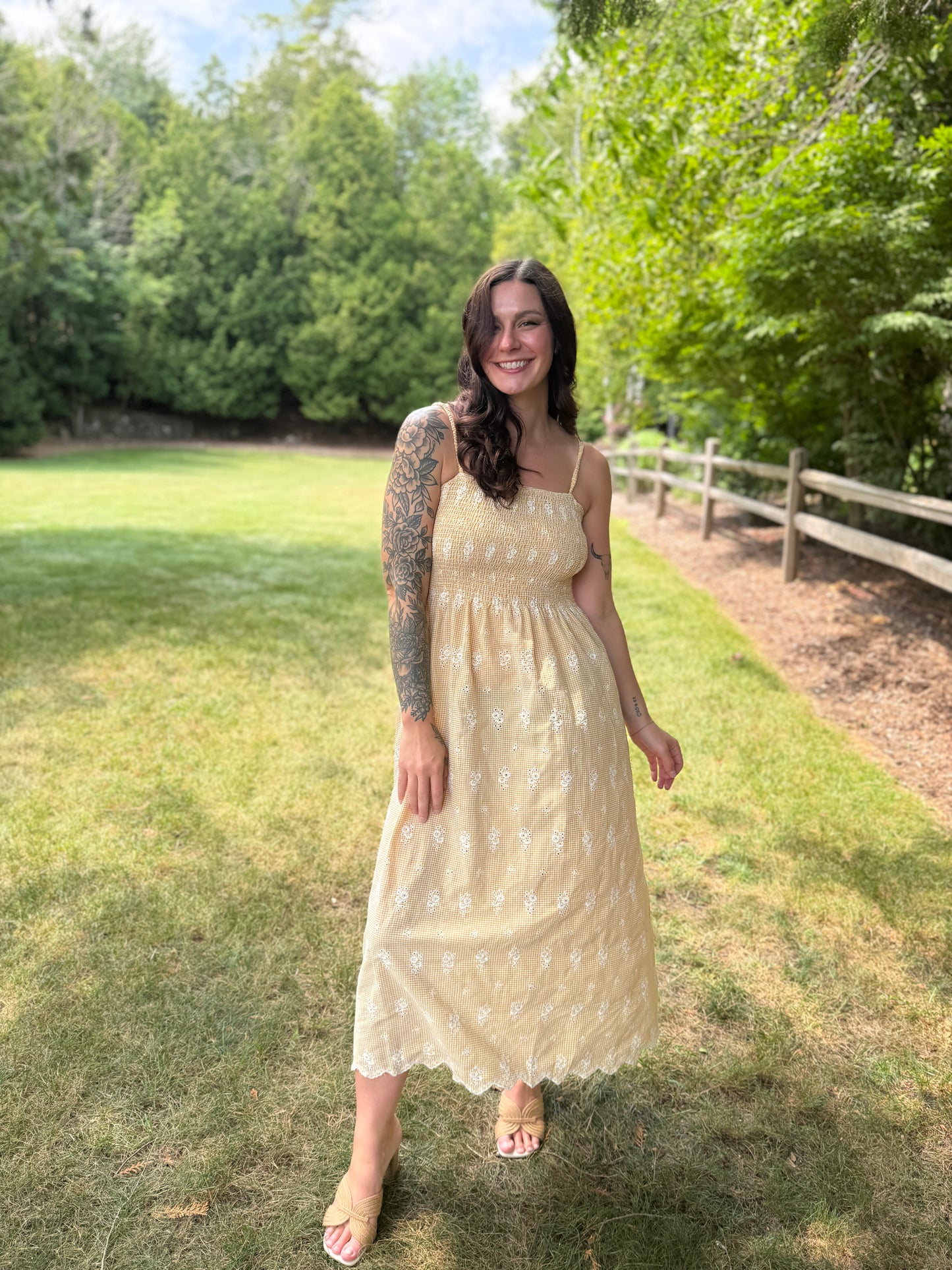 Floral Embroidered Gingham Maxi Dress Yellow