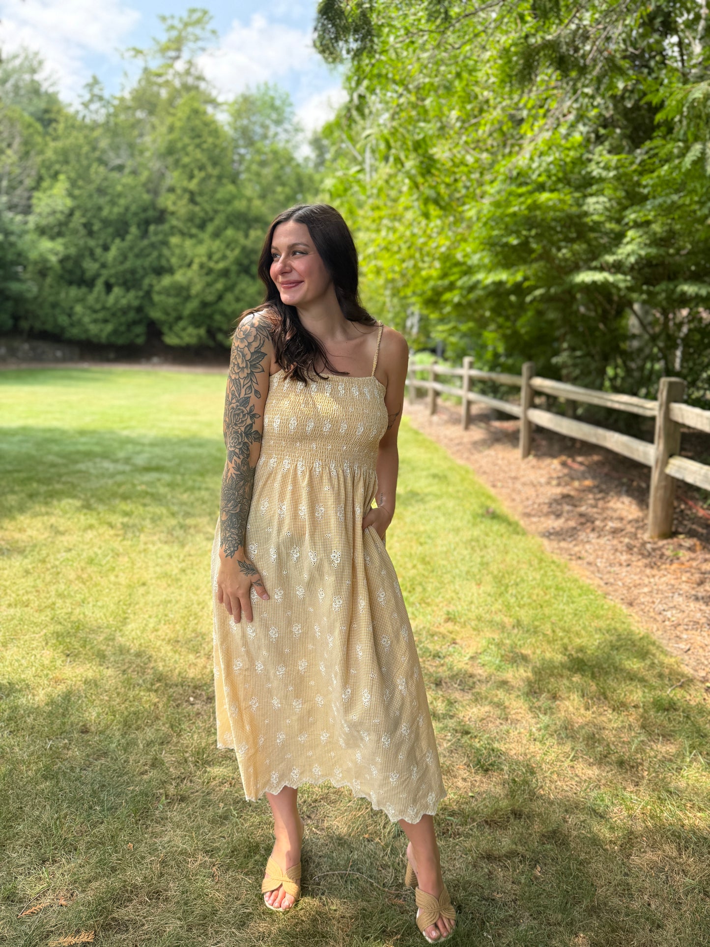 Floral Embroidered Gingham Maxi Dress Yellow
