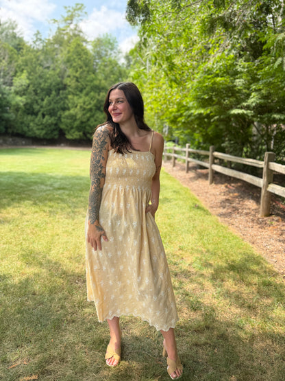 Floral Embroidered Gingham Maxi Dress Yellow