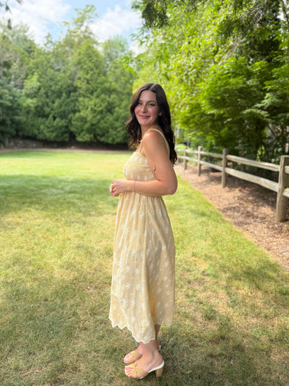 Floral Embroidered Gingham Maxi Dress Yellow