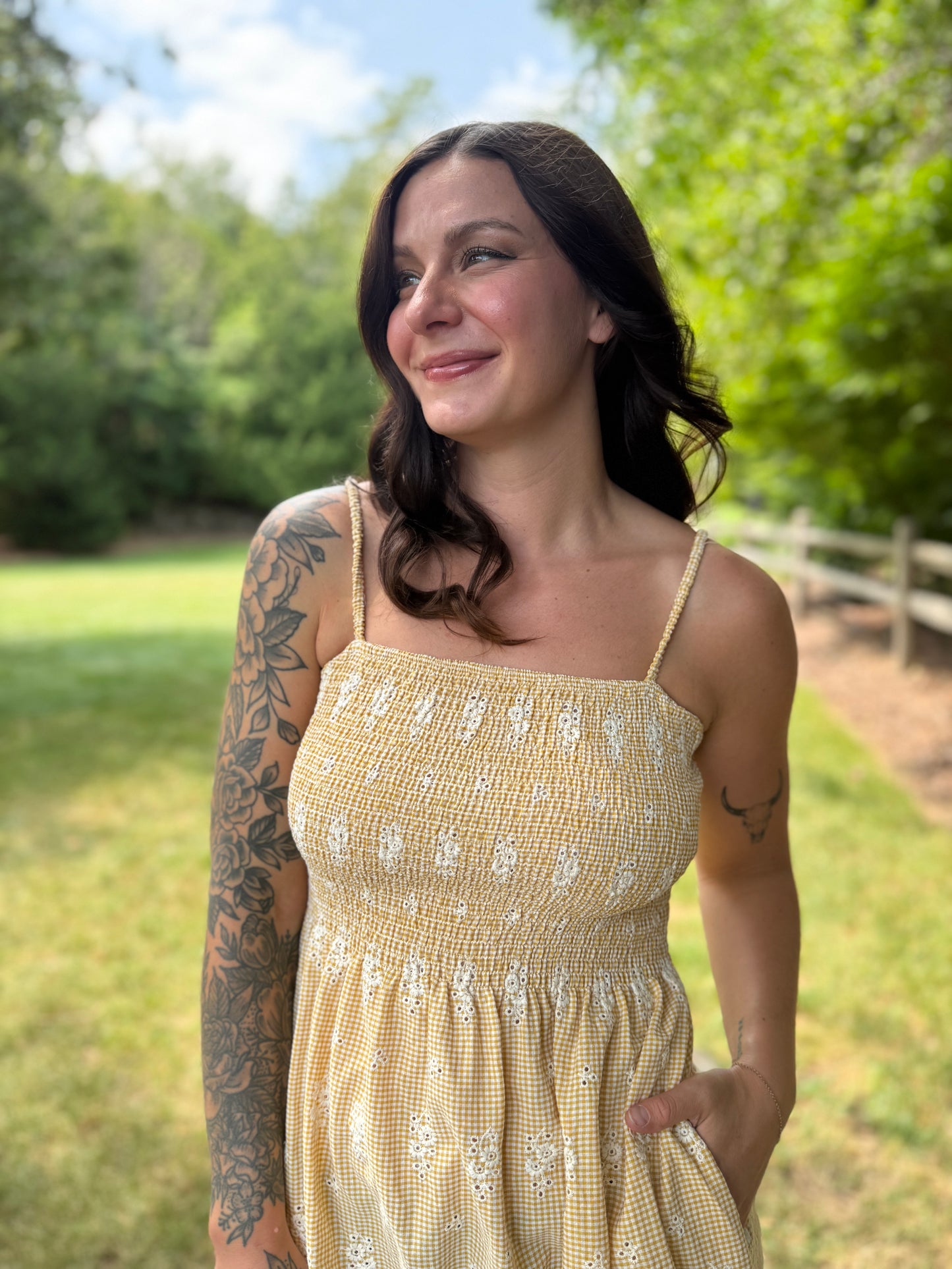Floral Embroidered Gingham Maxi Dress Yellow