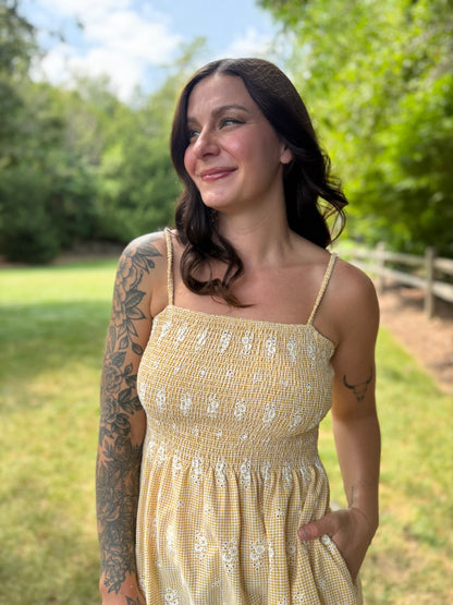 Floral Embroidered Gingham Maxi Dress Yellow