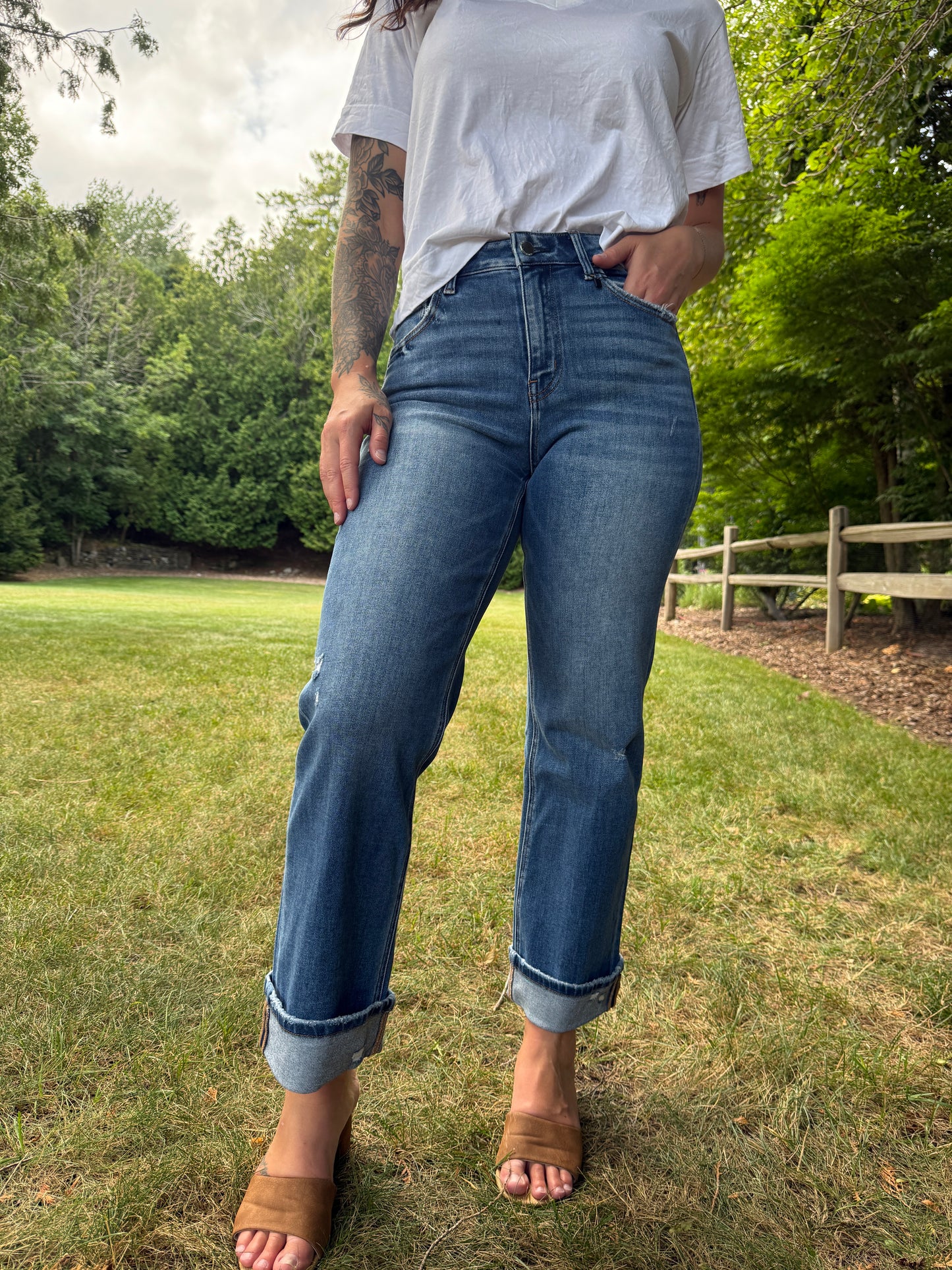 High Rise Cuffed Slim Wide Dark Stone