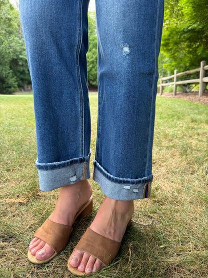 High Rise Cuffed Slim Wide Dark Stone