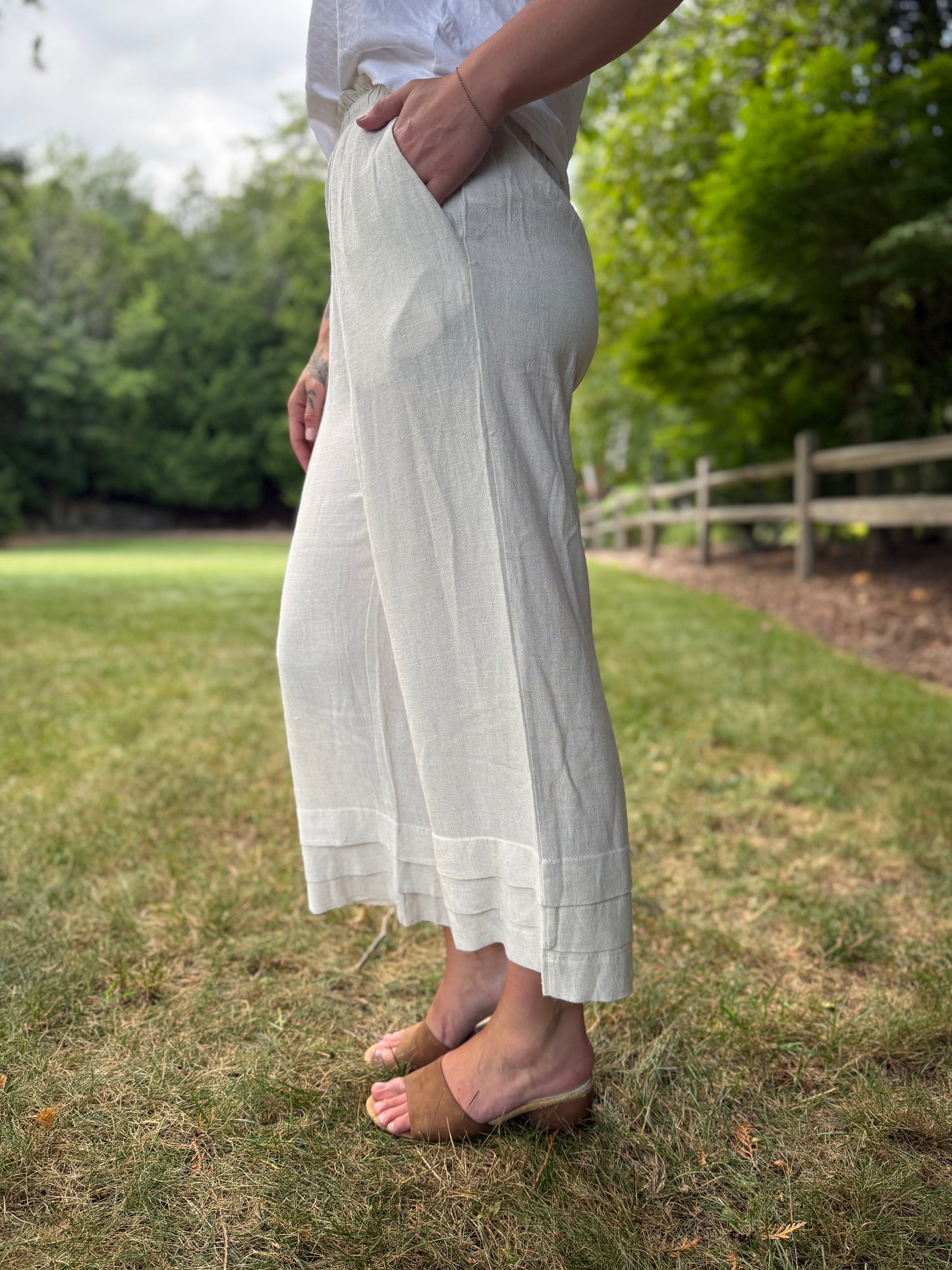 Ruffle Waist Tiered Hem Pants Natural