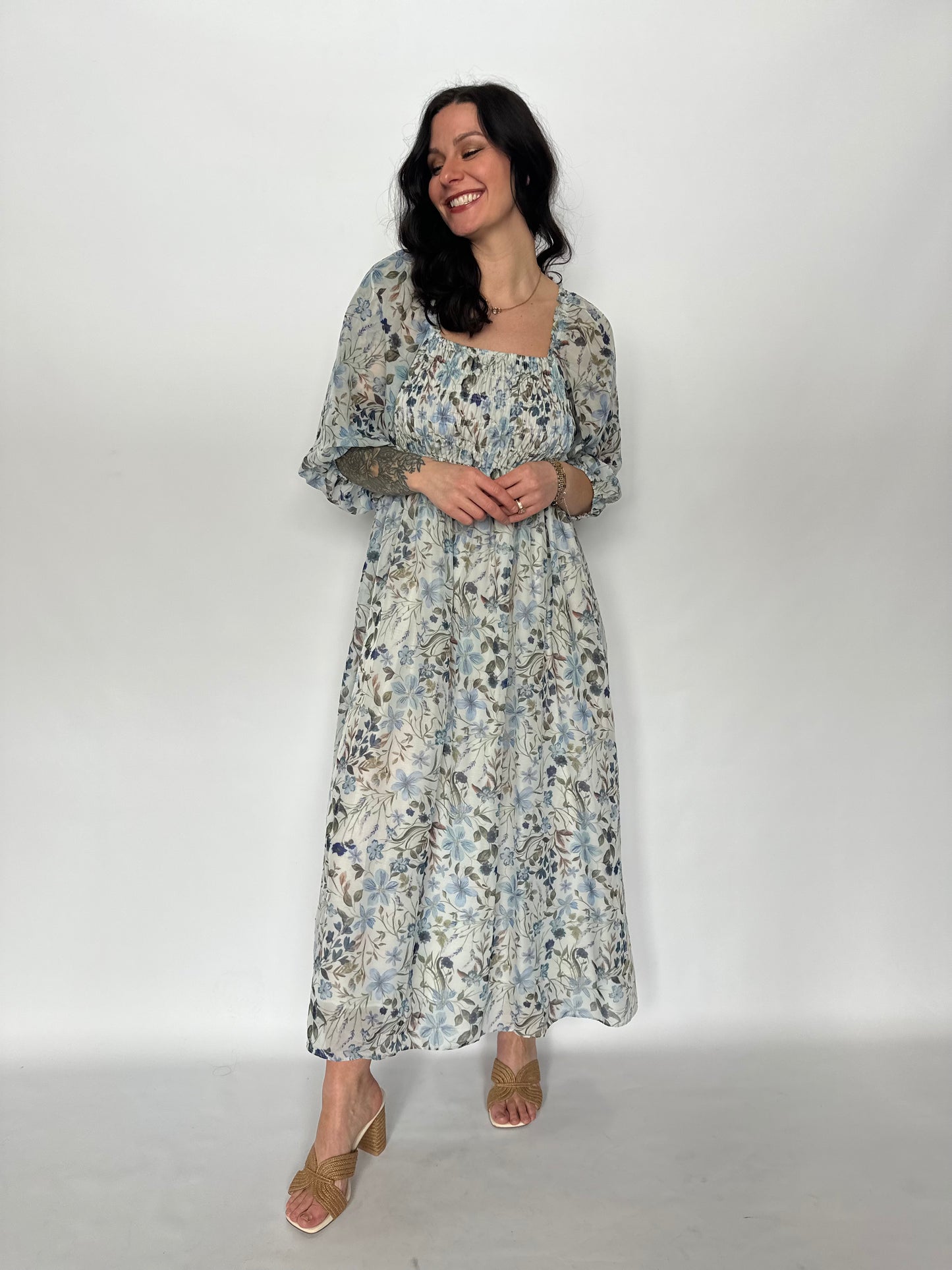Smocked Floral Maxi Dress Blue