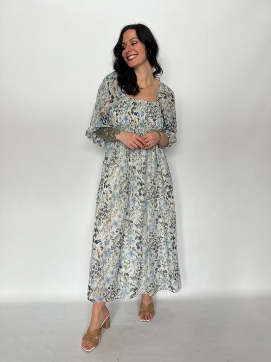 Smocked Floral Maxi Dress Blue