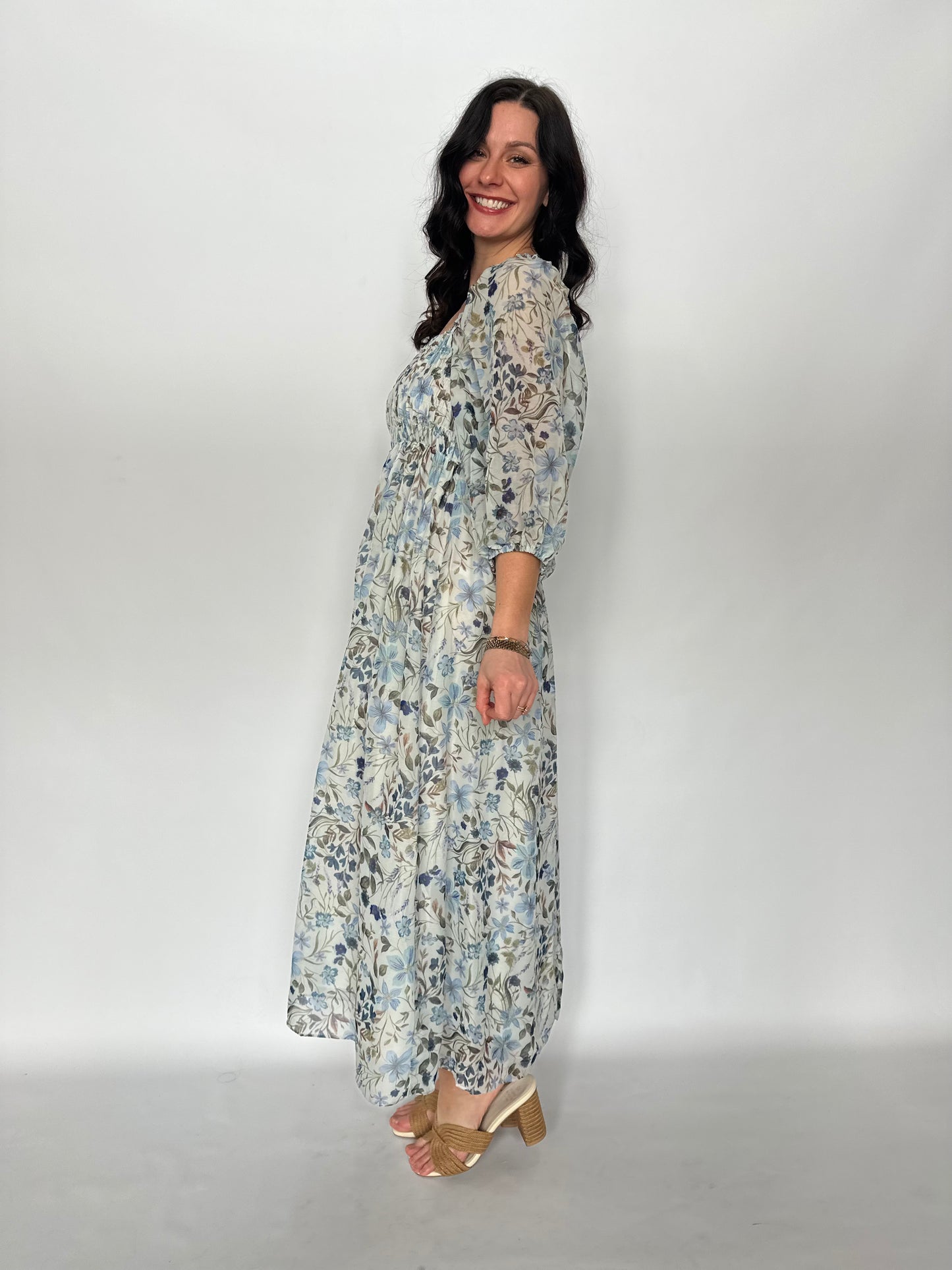 Smocked Floral Maxi Dress Blue