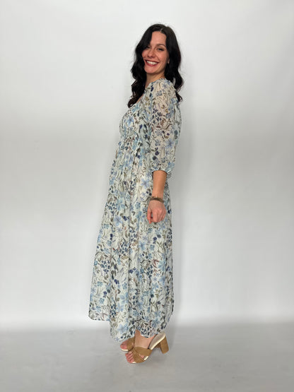 Smocked Floral Maxi Dress Blue