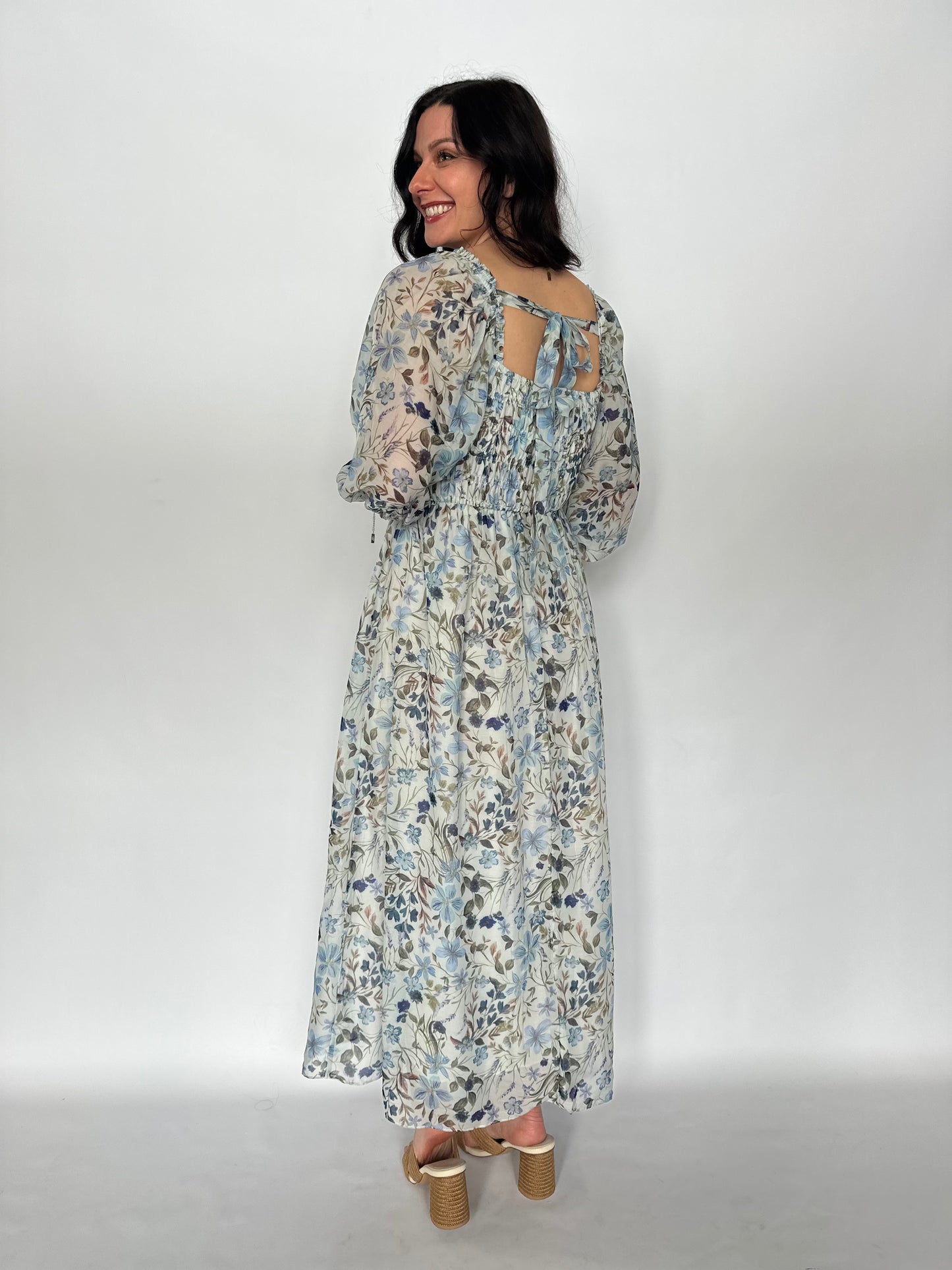 Smocked Floral Maxi Dress Blue