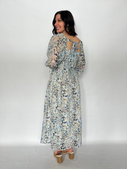 Smocked Floral Maxi Dress Blue