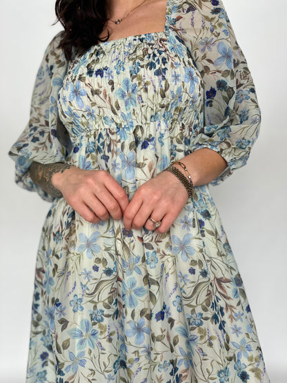 Smocked Floral Maxi Dress Blue