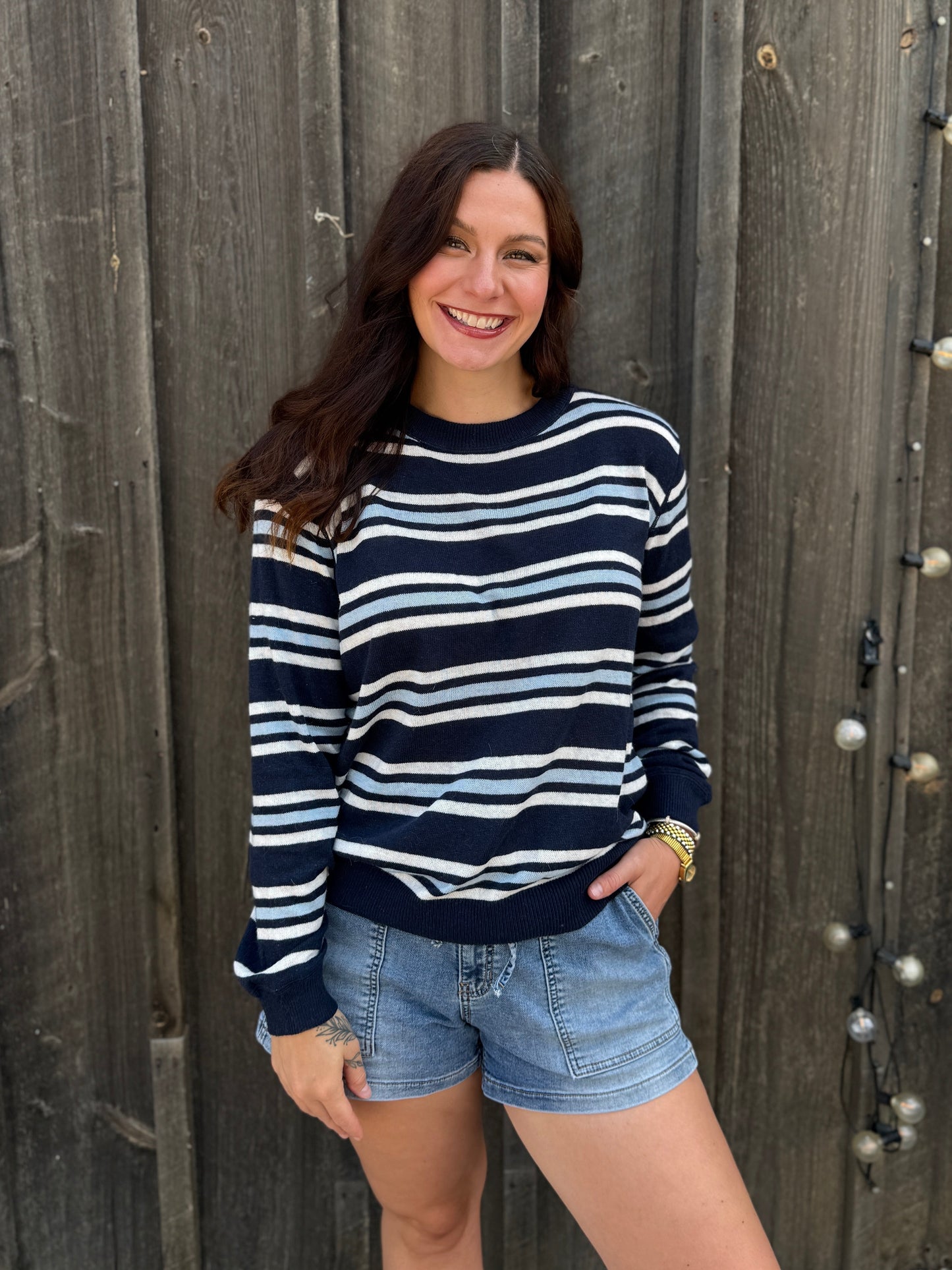 Coastal Stripe Crew Neck Sweater Navy
