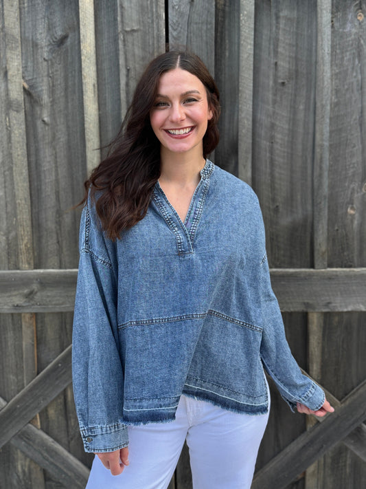Split Neck Frayed Edge Denim Blouse
