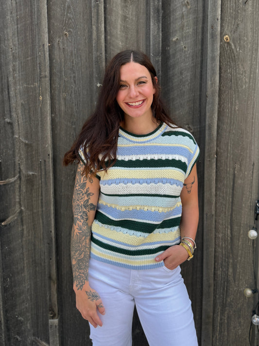 Striped Round Neck Cap Sleeve Sweater