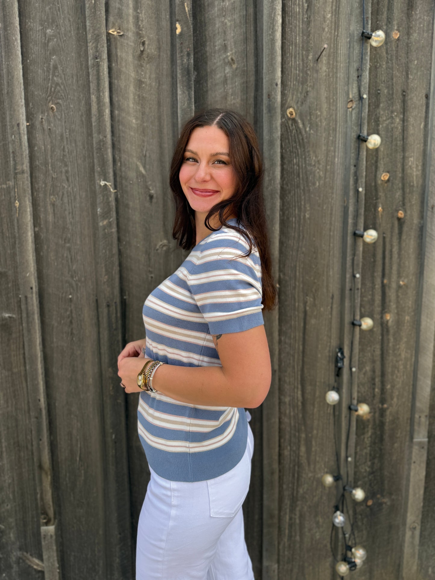 Striped Short Sleeve Sweater Blue