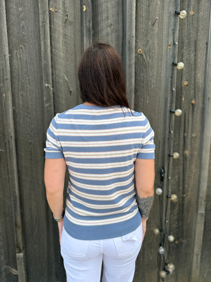 Striped Short Sleeve Sweater Blue
