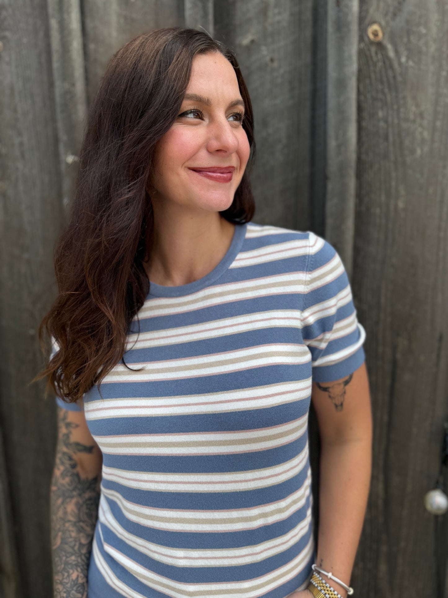 Striped Short Sleeve Sweater Blue