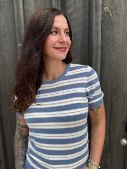 Striped Short Sleeve Sweater Blue