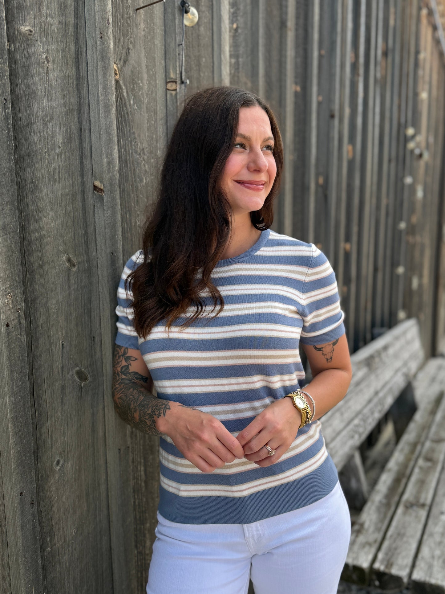 Striped Short Sleeve Sweater Blue
