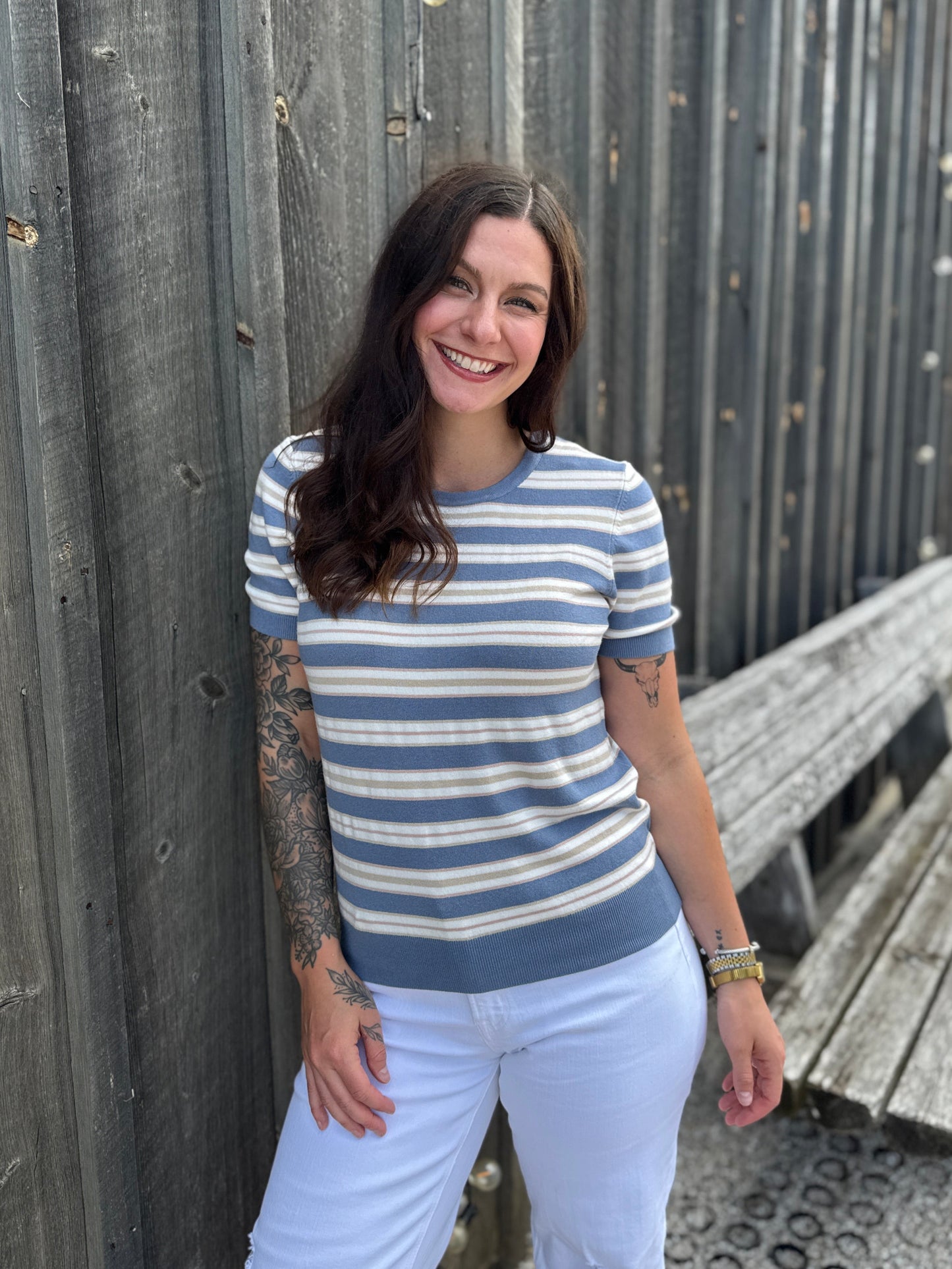 Striped Short Sleeve Sweater Blue