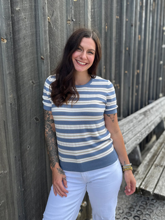 Striped Short Sleeve Sweater Blue